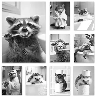 BeiYiHo Bilder Badezimmer Tiere Schwarz Weiß Poster Lustige Tiere Bild Toilette Tier Witzige Bilder für Gäste WC Wandbild Deko Kunstdruck Bad Leinwand Modern