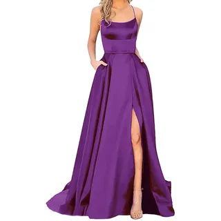 Abendkleid Damen Lang Satin Kleid Ballkleider Brautjungfernkleider Abschlussballkleid Langes Elegant Dress Brautkleid Mit Schlitz Hochzeitskleid Backless