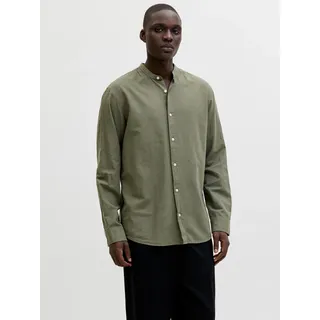 Langarmhemd JACK & JONES "JJEBREEZE LINEN BLEND BAND SHIRT L/S SN", Herren, Gr. S, N-Gr, dusty olive, Web, Obermaterial: 70% Baumwolle, 30% Leinen, unifarben, Hemden, mit Stehkragen