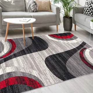Mazovia Modern Teppich - Kurzflor - Teppich für Wohnzimmer, Schlafzimmer, Esszimmer - ÖKO-TEX Wohnzimmerteppich, Robust und pflegeleicht, Niedrige Florhöhe – Teppiche - grau rot 140 x 200 cm