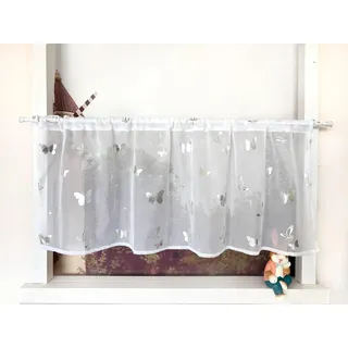 Devola Scheibengardinen mit Schmetterlingen Kurzstores Gardinen Bistrogardine Transparent Gardine mit Glanzdruck Küchengardine Kurz Modern HxB 30x90cm Silbrig 1 Stück