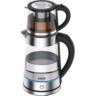 Shov Elektrischer Glas Wasserkocher 2-in-1 – Teemaschine & Wasserkocher, Teekocher elektrisch, 1,7 L Wasserkocher & 0,8 L Teekanne, Türkischer Teekocher, Teemaschine Elektrisch – Caydanlik