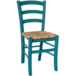 Stuhl aus Holz Venedig Türkis mit Sitz aus Reisstroh