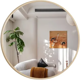 WDWRITTI Spiegel Badezimmer Holz Farben mit Aluminiumrahmen (Badspiegel Rundspiegel Dekospiegel, 60x60, 50x50cm), Explosionsgeschutz, Umweltschutz, hochauflösend beige Ø 50 cm