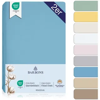 BARBONS Spannbettlaken 60x120 für Baby, Jersey Bettlaken Babybett, Kinderbett, (2 Stück), 100% Baumwolle blau 60 cm x 120 cm