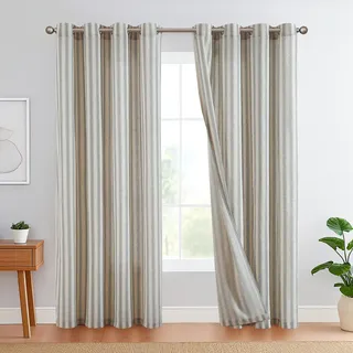 TOPICK Leinen Gestreifte Vorhänge Schwarz Streifen Gardinen mit Ösen Ticking Streifen Muster Leinenoptik Vorhänge Lichtfilterung für Wohnzimmer Nadelstreifen Gardine Blickdicht 2 Stück 130x225cm