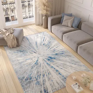 TAPISO Valley Teppich Kurzflor Grau Blau Beige Abstrakt Glass 120 x 200 cm | Verwischt Linien Abstrakt Design Wohnzimmer Schlafzimmer Flur OEKO-TEX