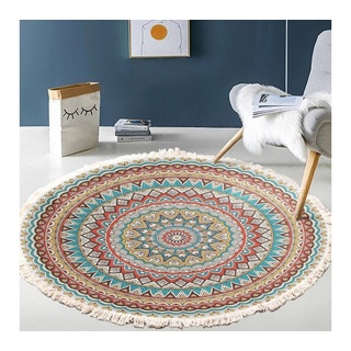 Teppich Vintage Boho Baumwolle Teppiche Mandala Muster Waschbar, SUNEE, runden, Handgewebte Böhmische Runder Teppich mit Quasten,120CM Blumen bunt Ø 100 cm