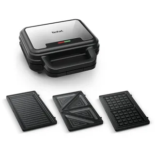 Tefal Ultracompact 3-in-1 Sandwich-Waffel-Panini Kombigerät, Antihaftbeschichtung, wärmeisolierter Griff, Edelstahl/Schwarz, SW383D10