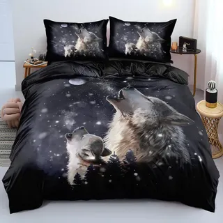 Luowei Bettwäsche 200x220cm 3D Bettwäsche Set 3D Wolf Muster Weich Mikrofaser Bettbezug mit Reißverschluss und 2 Kissenbezüge 80x80cm