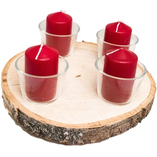 Natur Kerzenhalter, unbehandelte Baumscheibe mit 4 Gläser und Kerzen, ohne Schadstoffe geeignet für Haushalte mit Kindern. Adventskranz, Weihnachtsdeko, Osterkranz, ganz Jahres Freude (Ohne Motiv)