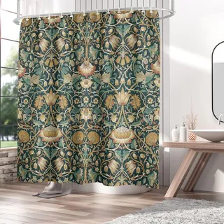 William Morris Duschvorhang mit abstrakten Pflanzen, Vintage-Blumen, Frühling, bunte Wildblumen, grüne Kräuter, Boho-Pflanze, Natur, Badezimmer-Duschvorhang mit Haken, 180 x 180 cm