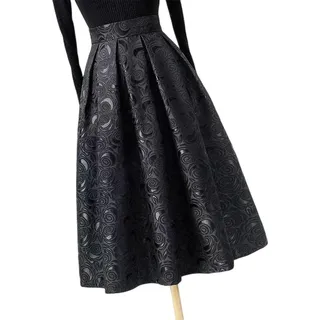 COTCLO Langer Damen Rock - Frühling Sommer Blumen Jacquard, Hohe Taille Midi A-Linie, Big Swing, Schwarz, 40 - 40