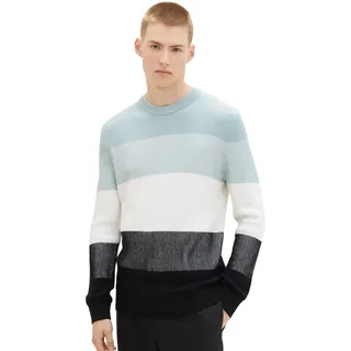 Tom Tailor Denim Herren Rundhals Pullover STRUCTURED COLORBLOCK Regular Fit Grün Weiß Colorblock 34425 XL