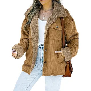 Vagbalena Damen Cordjacke Sherpa Wollpelzkragen Winter Warm Dick Kaschmir gefüttert Warme Cordjacke Klassische Knopf Langarm Jacke (Kamel,L)