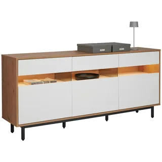 home24 Sideboard, Weiß, Eiche Artisan, Holz, Buche, 3 Schublade(n) Schubladen, 190x85x45 cm, Beimöbel erhältlich, stehend, Wohnzimmer, Kommoden & Sideboards, Sideboards