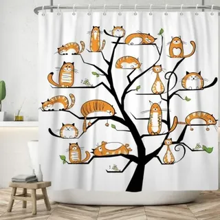 Duschvorhang Mit Katzenbaum-motiv, 150 X 180 Cm, Orange, Niedliches Kätzchen-motiv, Lustiges Aquarell-katzenmotiv, Waschbar
