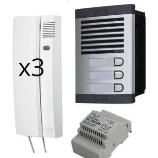 Automatische Türsprechanlage mit analogem 4+n-System, für Gemeinschaften. Komplett: Straßenplatte, Haustelefone, Unterputzdose und Netzteil. Hohe Fertigungsqualität (3 Wohnungen)