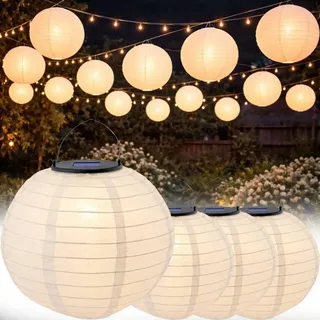 LUMILED Solar Lampions Außen, 4x wetterfest Solarlaterne Laterne, Ø30cm LED Lampion Solarleuchte IP44 Kugel weiß Hängend Dekorative wetterfest - Weiß