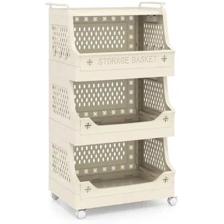 COSTWAY Rollwagen, faltba & stapelbar, mit Rollen, Kunststoff Beistellwagen beige|weiß 44.5 cm x 74.5 cm x 29.5 cm