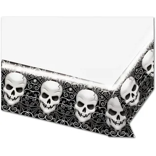 Amscan 571158 - Tischdecke Fright Night, aus Plastik, Größe 137 x 243 cm, Deko, Tuch, Tischläufer, Totenkopf, Skull, Skelett, Halloween, Horror-Party, Mottoparty
