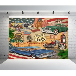 BELECO 2.1x1.5m Stoffhintergrund mit Route 66-Thema Retro-Straßenkarte Motel Motorrad Autos Arizona-Wüste Kaktus US-Flagge Poster Wandhintergrund Geburtstagsfeier Porträt-Requisiten
