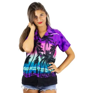 V.H.O. Funky Hawaiibluse Hawaiihemd Damen Kurzarm Fronttasche Hawaii-Print Strand Beach Palmen Diverse Farben - M