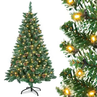 FIVMEN Weihnachtsbaum Künstlich mit Beleuchtung 120 cm PVC Tannenbaum Christbaum Künstlicher mit 120 LED und Ständer Unechter Weihnachtsbäume Weihnachten Deko, mit Schnee und Kiefernzapfen