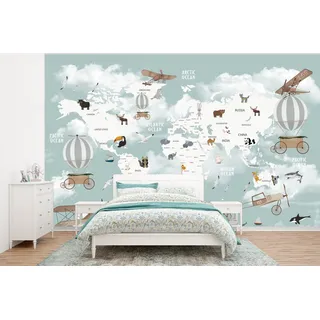 MuchoWow Fototapete Weltkarte - Kind - Flugzeug, Matt, bedruckt, Vliestapete für Wohnzimmer Schlafzimmer Küche, Fototapete, 350x260 cm 3.5 m x 3 m