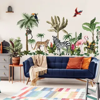 Wandsticker für Kinder, riesig, Dekoration für Babyzimmer, Kinderzimmer, selbstklebend, Jungen, Mädchen, XXL – Wandaufkleber Jungle Tiere in den Tropen, H135 x B120 cm