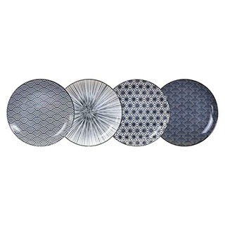 TOKYO Design 4er Set Speiseteller Porzellan mit verschiedene Designs in schwarz 25.7 cm, Japanisches Porzellan Servierplatten/Pastateller/Frühstücksteller/Salatteller