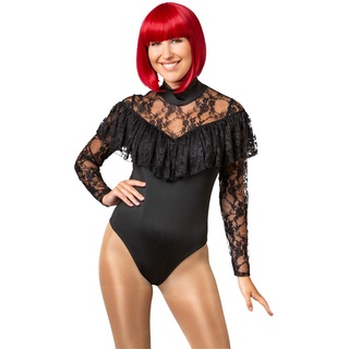Orlob Body Tanzanzug Gymnastikanzug Bodysuit Spitzenbody Volant (Schwarz, L/XL)