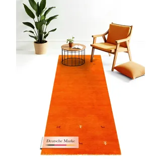 carpetfine Wollteppich Gabbeh Uni Läufer Orange 80x400 cm | Moderner Teppich für Wohn- und Schlafzimmer