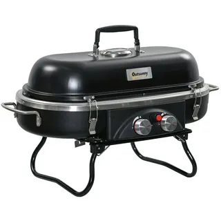 Outsunny Gasgrill 2,34 KW Klappbar BBQ Gartengrill inkl 2 Edelstahl-Brenner Druckminderer Gasschlauch Deckel Thermometer, 2 Heizzonen,