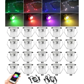 20er Led Bodeneinbauleuchten Aussen RGB Bluetooth, Ø30mm 12V Bodeneinbaustrahler Mini, 0.5W IP67 Wasserdicht Einbaustrahler Außen Led Terassenbeleuchtung Bodenspots für Terrasse Garten Küche