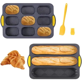 EVDZNA Baguette Backform, 2 Stück Antihaft Silikon Baguette Formen, Brötchenform, Brötchen Backform, mit Silikonausstecher und Pinsel, zum Backen von Brot in der Küche, Grau