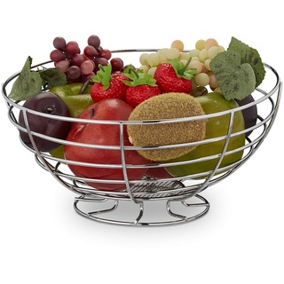 Relaxdays Obstschale, für Gemüse, Brot & Obst, stehend, rund, Küche, modern, Obstkorb, Metall, HxD: 12 x 24,5 cm, silber 10030055