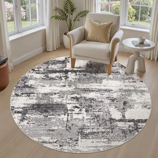 Generisch Teppich Rund,Modern Grau Weiß Abstrakt, Schwarz, ø 200 cm, Großer Kurzflor Teppiche für Wohnzimmer Schlafzimmer Esszimmer Küche,