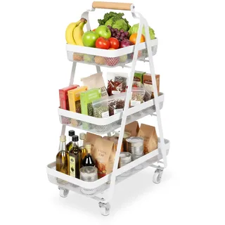 Relaxdays Rollwagen, 3 Ebenen, Metall, Holzgriff, HxBxT: 84,5 x 57 x 31 cm, 4 Rollen, Küche, Bad, Beistellwagen, weiß