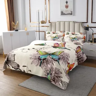 Schmetterling Tagesdecke mit Aquarellblumen Gesteppt, 220x240, buntes Quilt-Set für Frauen, Mädchen und Teenager, Jahrgang Grunge Schlafzimmerdekor