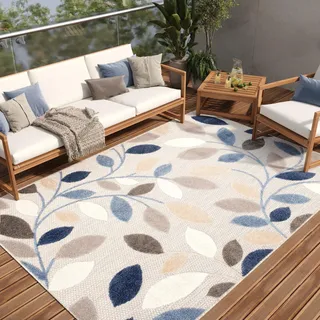 TAPISO Patio Teppich Indoor Outdoor Grau Mehrfarbig Blätter Sisaloptik Strapazierfähig Wetterfest Flachgewebe Terrasse Wohnzimmer ÖKO-TEX 200 x 300 cm