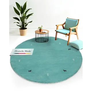 carpetfine Wollteppich Gabbeh Uni, rund, Höhe: 15 mm, reine Wolle handgewebt, Gabbeh Tiermotiv warmes Raumklima viele Größen blau Ø 80 cm x 15 mm