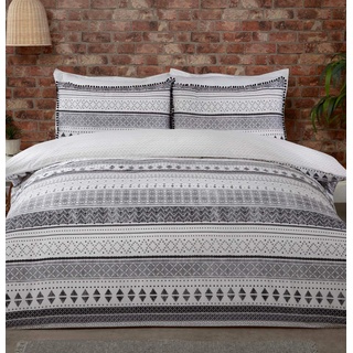 Sleepdown Bettwäsche-Set mit Kissenbezügen, Azteken-Geo-Streifen, schwarz, weiß, grau, Boho, wendbar, weich, pflegeleicht, Bettbezug mit Kissenbezug, Einzelbett (135 x 200 cm), Polycotton
