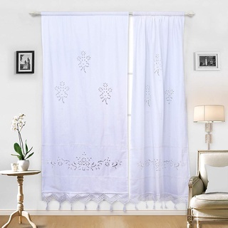 DOKOT Leinen Baumwolle Stickerei Küche Vorhang, Cafe Vorhang, Esszimmer Vorhang mit Crochet Tassel Border (Weiß 70x150cm 1 Panel)