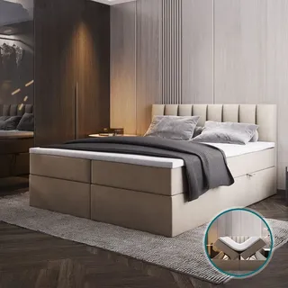 Trada - Palermo Boxspringbett 140x200 mit Bettkästen H3 Matratze Hellbeige