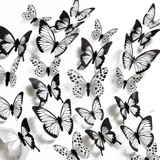 QOXEZY 24 Stück Fliesenaufkleber, dreidimensionale 3D-Simulation, schwarz-weiße Textur, Schmetterling, Wandaufkleber, Dekoration Kühlschrank-Aufkleber, Heimdekoration