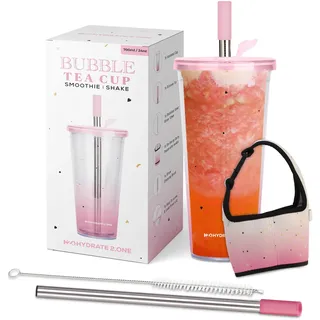 HYDRATE 2.ONE 700ml Bubble Tea Becher mit Boba Strohhalm und Tragegriff | Trinkbecher mit Deckel aus Plastik, Becher ideal als Cocktailgläser, für Tea mit Boba perlen & Eiskaffee oder Smoothie