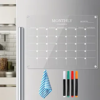 Alphynix Magnetische Monatskalender-Platte, transparentes Kunststoff-Kühlschrank-Organizer, 1 Stück, inkl. 4 farbigen Stiften und Reinigungstuch
