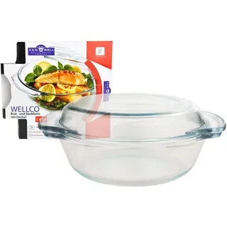 Van Well Premium Glas-Brat- und Backform 2,4 L mit Deckel – Runde Auflaufform Ø 23 cm – Hitzebeständiges Glas für Ofen und Mikrowelle