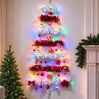 Weihnachtsbaum Leiter Lichterkette mit Lametta Girlande Wanddeko (C) | LED Weihnachtsbeleuchtung Lametta Girlande Weihnachten mit LED Lichterkette Weihnachtsdeko Lichterkette für Innen Außen